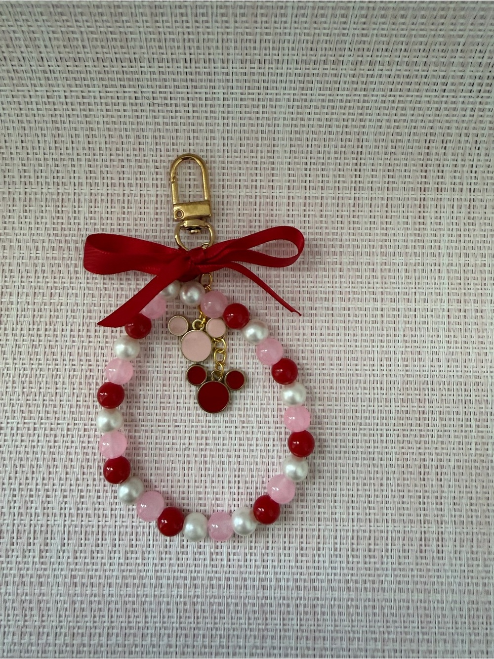 Red & Pink Beaded Key and Card Holder with Bow Charm